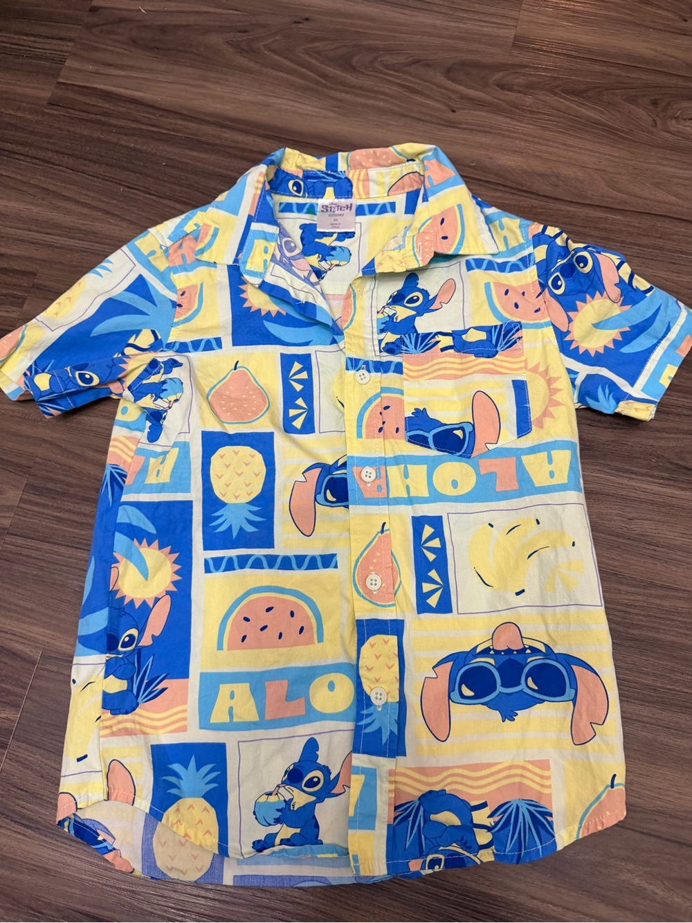 Stitch Blue & Yellow Kids sz S Hawaiian Button-Up Shirt